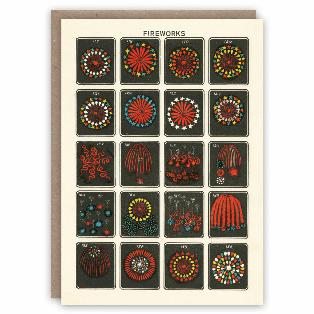 Greeting card illustrating types of fireworks