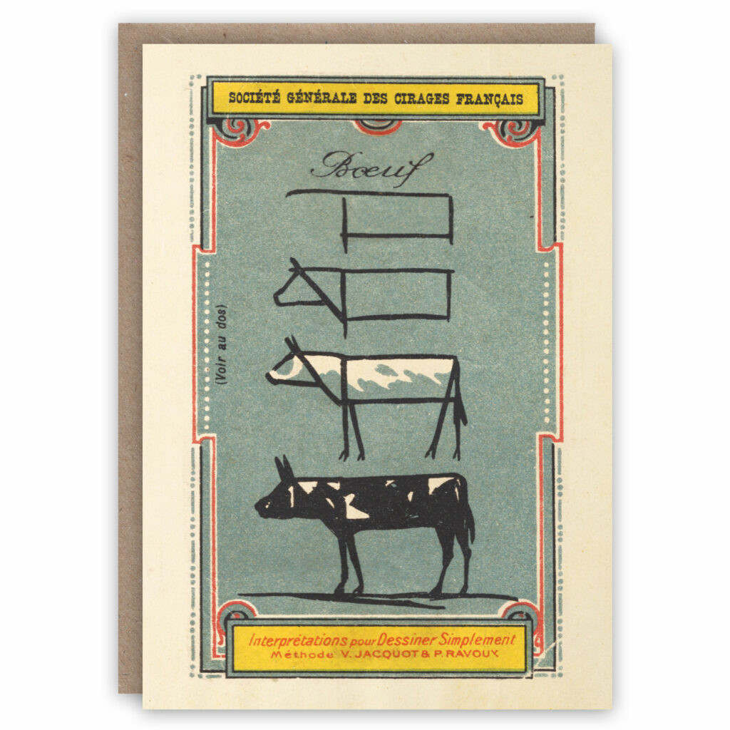 Greeting card illustrating how to draw a cow