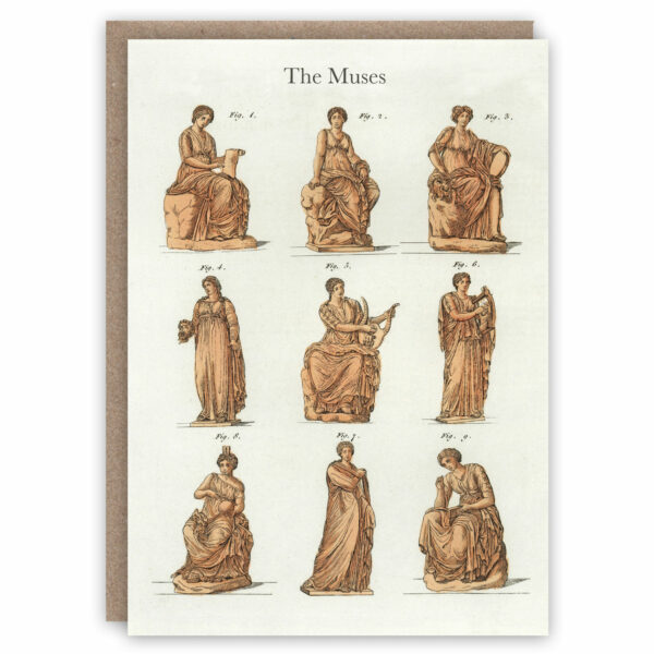 Greeting card illustrating the nine muses and their names