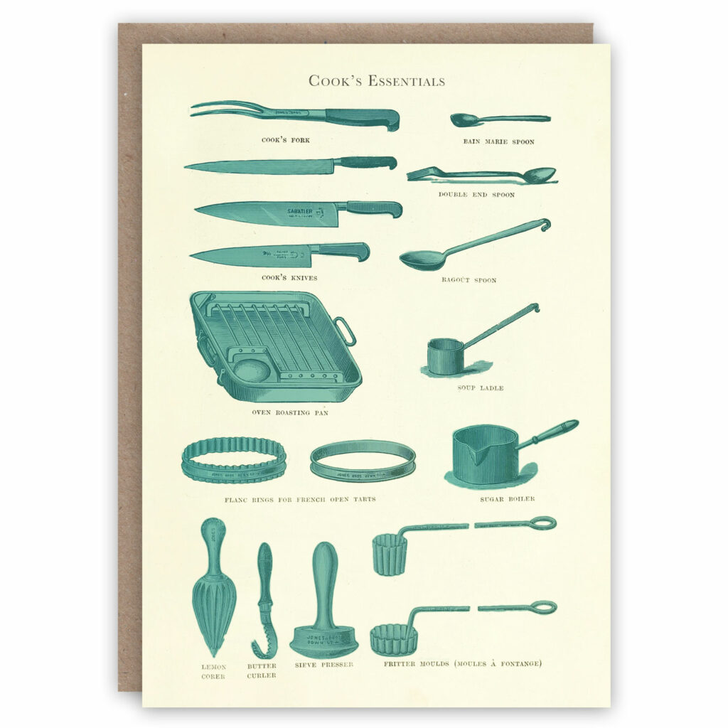 Greeting card illustrating vintage cooking utensils