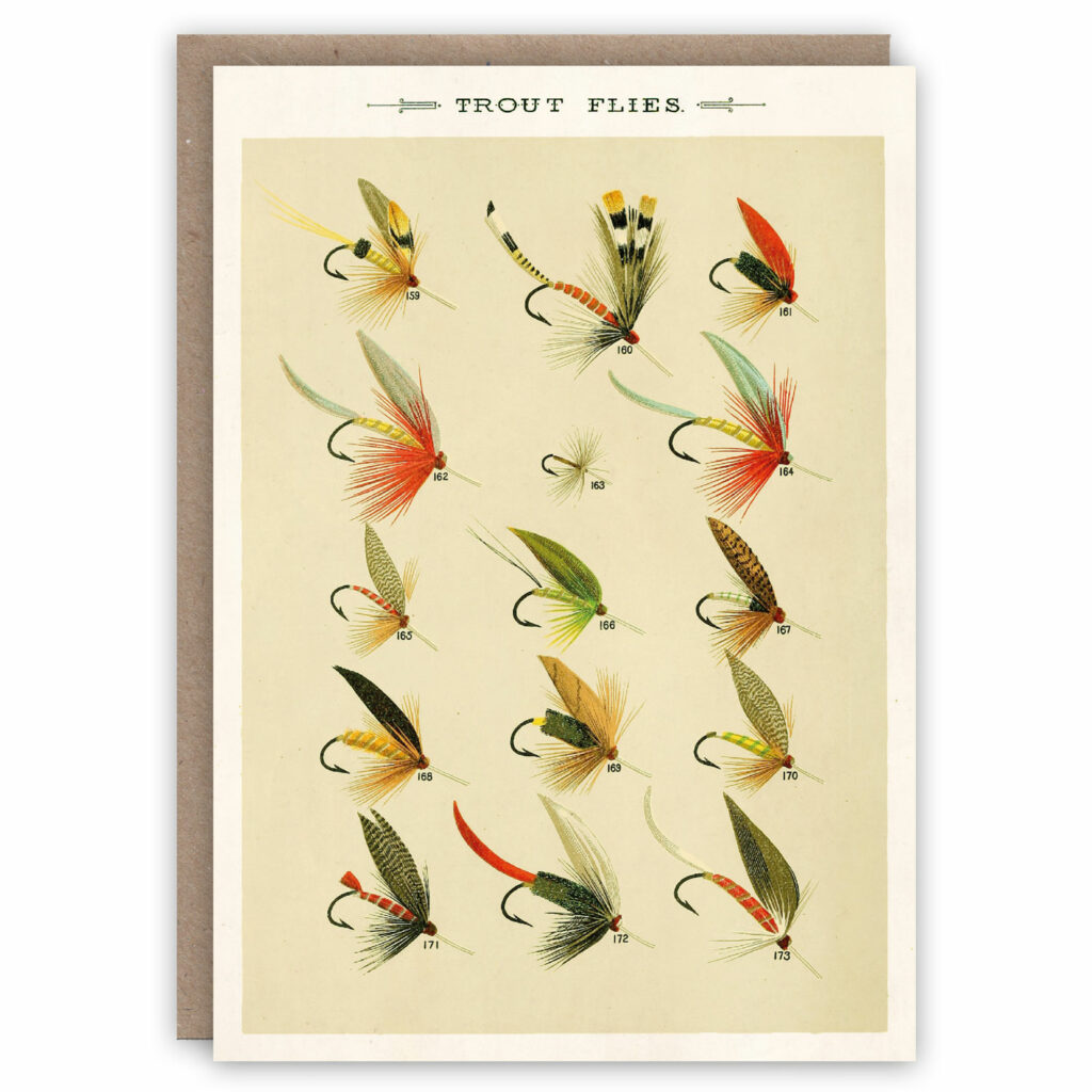 Greeting card illustrating vintage fly fishing trout flies