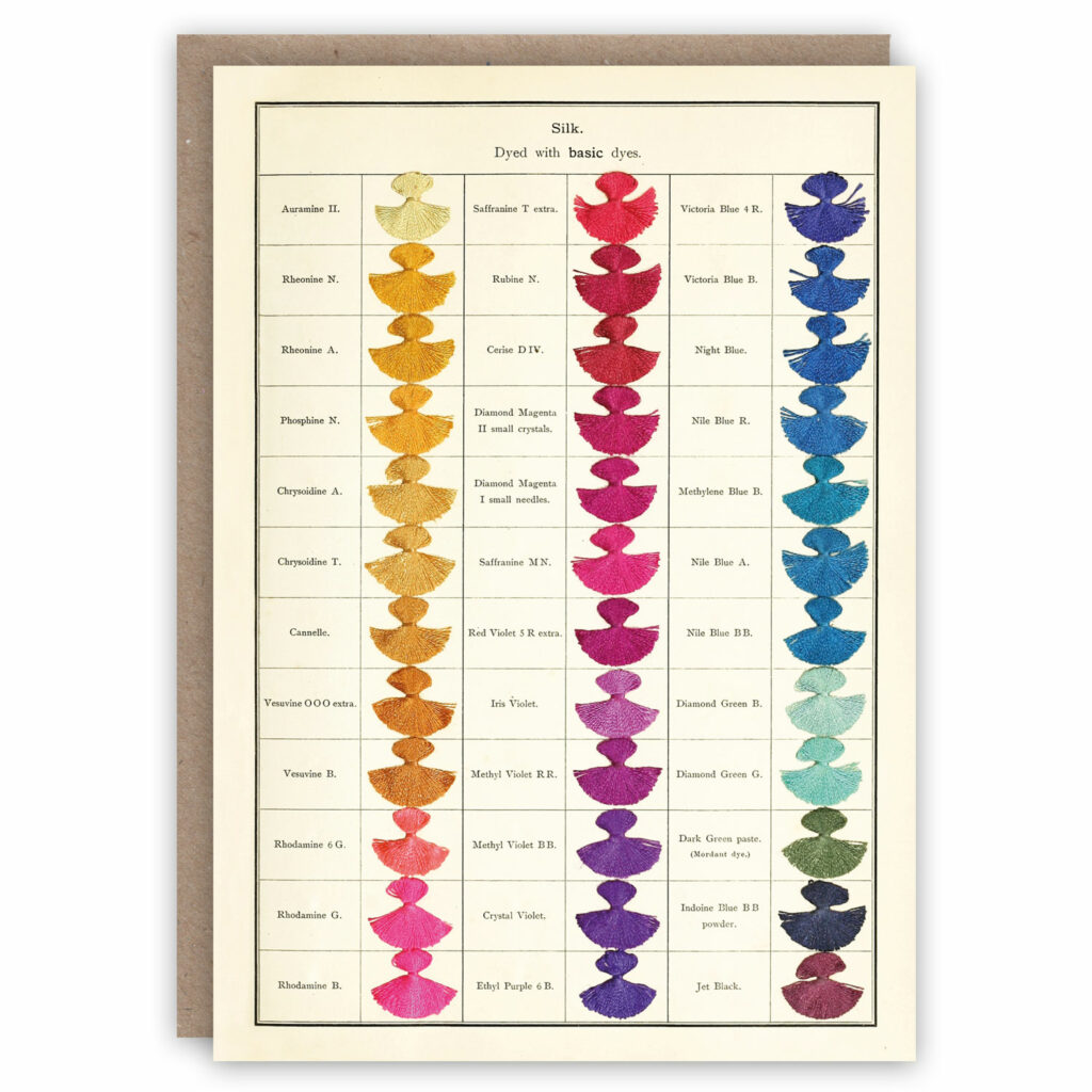 Greeting card illustrating vintage silk dyes