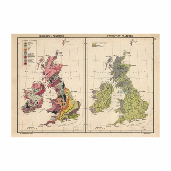 Poster illustrating maps of Britain with geological and vegetation features