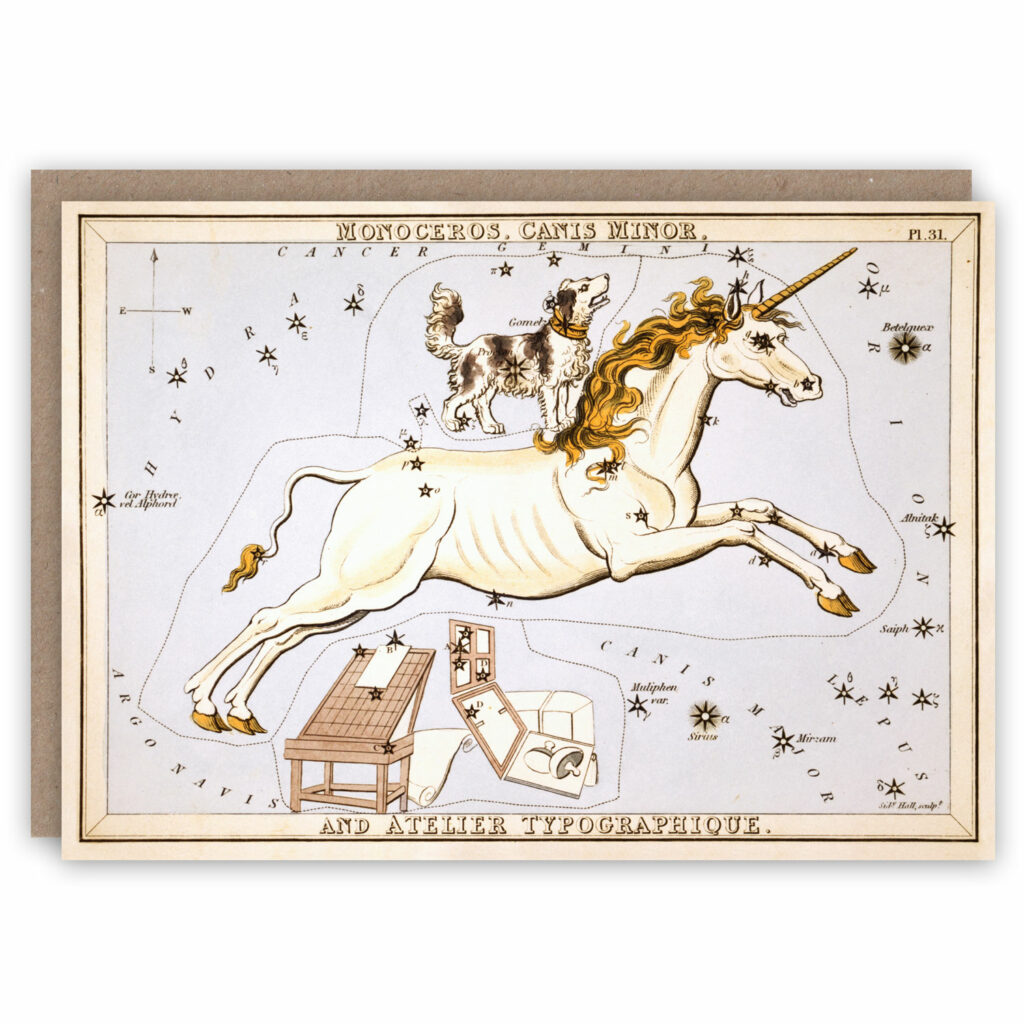 Astronomy greeting card illustrating the constellation of Monoceros Canis Minor