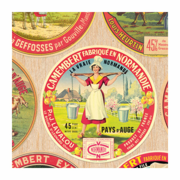 Detail from camembert cheese wrapping paper featuring vintage box designs